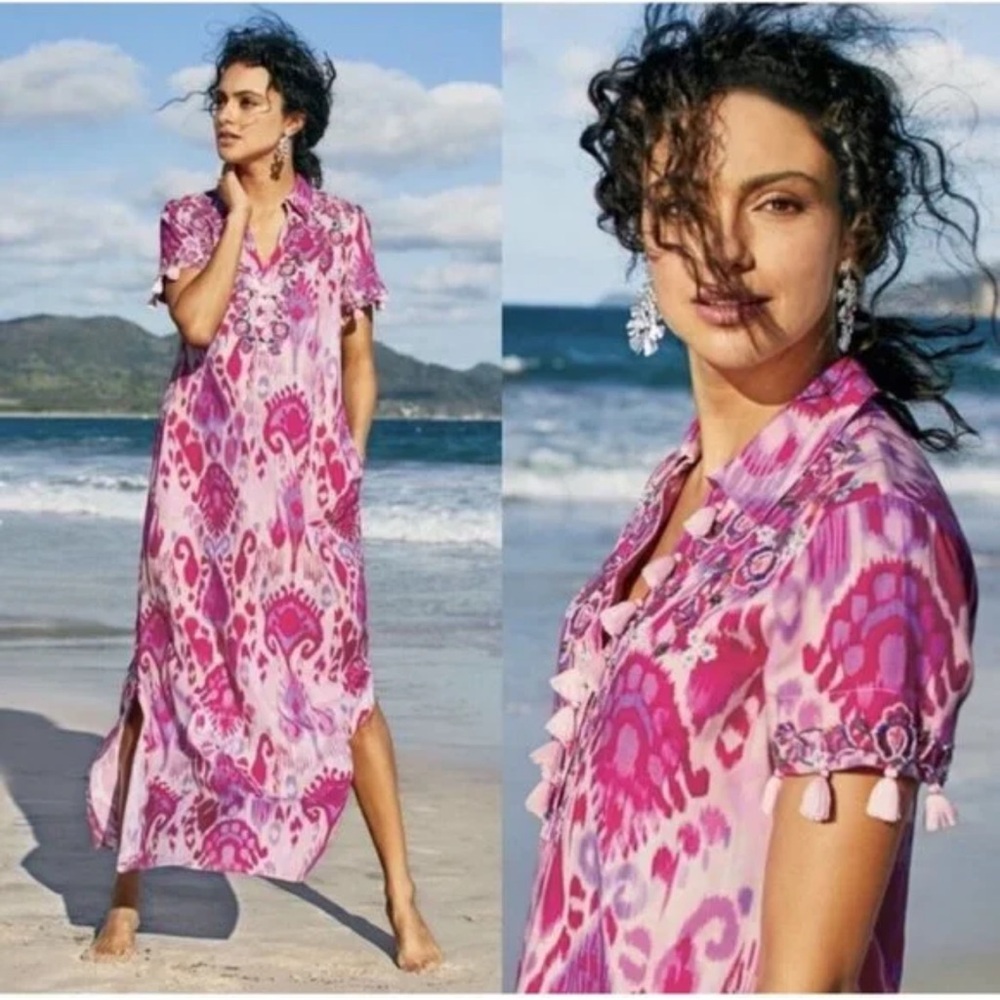 Soft Surroundings Pink Palace Maxi Dress Embroidered Bead Tassel Collar Beach-S